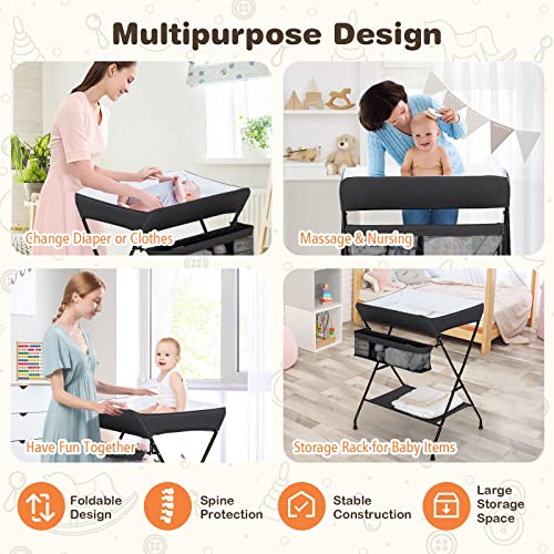 Costzon Changing Table, Portable Baby Changing Table Foldable Diaper Changing Station with Safety Belt, Large Storage Rack & Shelf, Nursery Organizer for Newborn Infant (Black)