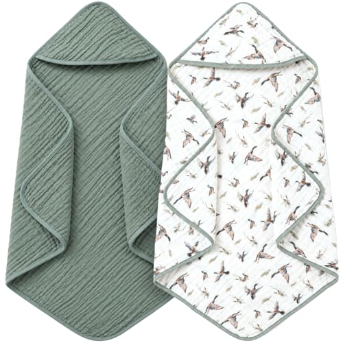 Gilprop 2 Pack Mallard Duck Baby Hooded Towels for Newborn 100% Muslin Cotton Duck Hunting Neutral Baby Bath Towel for Babies Infant Toddler and Kids, 32x32inch, Soft and Absorbent Kids Gift