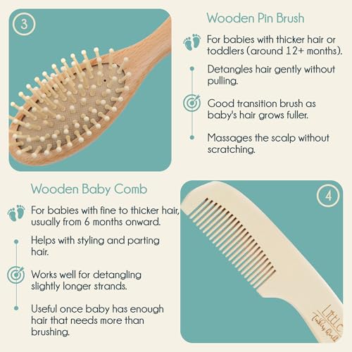 Little Tinkers World Baby Hair Brush and Comb Set 4-Piece Natural Wooden Set with Soft Goat Bristle Brush, Cradle Cap Brush & Comb Newborn Baby Registry Gift for Boys and Girls