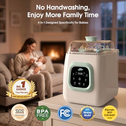Tiny Marvels Baby Bottle Washer Pro, Bottle Washer & Sterilizer and Dryer, Upgraded Self-Cleaning Machine, 6-Bottle Capacity & Built-in Water Softener, 4-in-1 Sanitizer for Bottles Breast Pump Parts