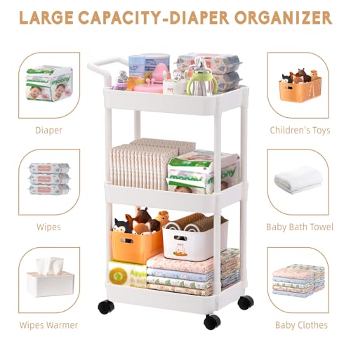 Volnamal Baby Diaper Caddy, Plastic Movable Cart for Newborn Nursery Essentials Diaper Storage Organizer for Changing Table & Crib, Easy to Assemble, Baby Registry, Off-White