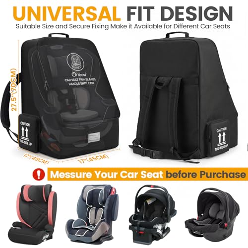 Orzbow Padded Car Seat Travel Bag for Airplane, Carseat Backpack Bags with Side Pocket, Car Seat Carrier with Shoulder & Waist Strap for Airport Gate Check, Universal Fit Carseat & Booster Seat, Black
