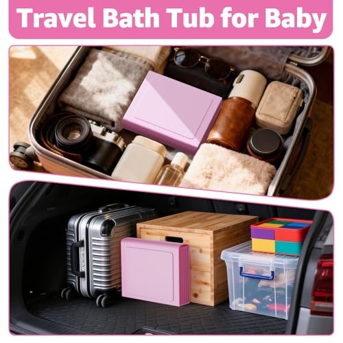 Collapsible Baby Bathtub, Toddler Bathtub with a Drain Plug, Folded for Storage Without Assembly, Suitable for Newborns to Toddlers, Portable Bathtub for Outdoor Travel, Pink