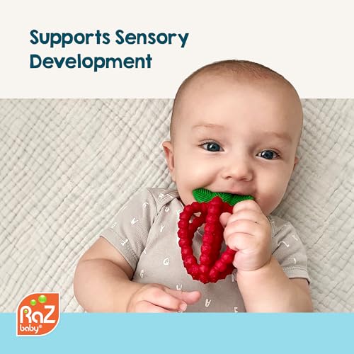 RaZbaby Bites Silicone Baby Teething Toy – Sensory Toy with Textured BerryBumps for Teething Relief, Easy-to-Hold Fruit Shape, BPA-Free, Soothes Front & Back Teeth – Gift for Babies, 3 Months+, Pink