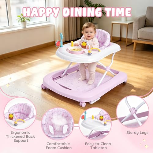 Baby Walker with Wheels, 5-in-1 Foldable Push Walker for Baby Girls 6-12 Months, Baby Walker & Bouncer Combo, Adjustable Height, Music Light Infant Activity Center Bouncer Walker(Pink)