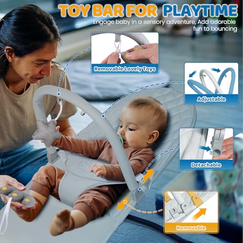 Orzbow Baby Bouncer, Portable Baby Bouncer Seat for 0-18 Months Up to 20 lbs - 3 Recline Positions, Foldable Infant Bouncy Seat with Removable Play Bar, Ergonomic Design, Grey