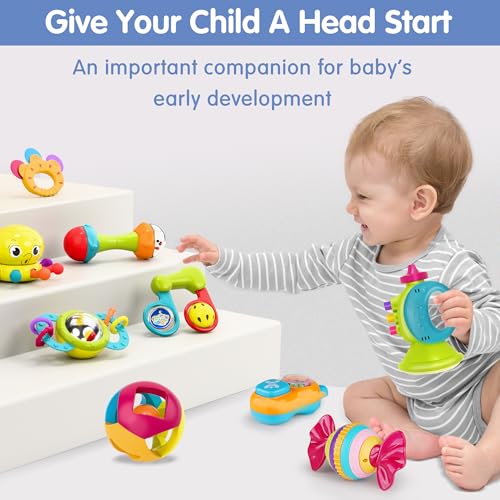 iPlay, iLearn 10pcs Baby Rattles Toys Set, Infant Grab Shake Rattle, Easy Hold Sensory Teether, Babies Development Learning Music Toy, Newborn Shower Birthday Gift 1 2 3 4 5 6 7 9 10 12 Month Boy Girl