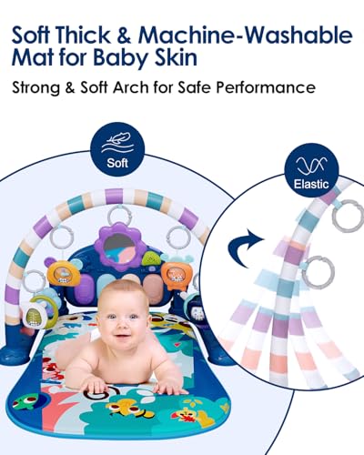 dearlomum Baby Play Mat Gym, Funny Play Piano Tummy Time Activity Mat with 5 Infant Sensory Toys, Music and Lights, Boy & Girl Gifts for Newborns 0 to 3 6 9 12 Months (Blue)