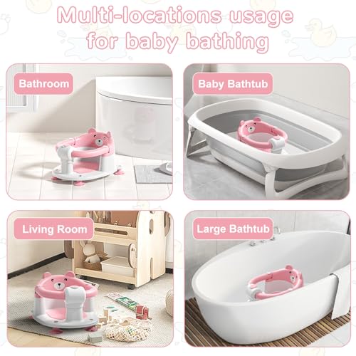 Baby Bath Seat for Babies 5-10 Months, Non-Slip Toddler Bath Seats for Babies Sitting Up, Safe Infant & Newborn Bathtub Chair with 4 Suction Cups & Soft Cushion for Shower,Pink
