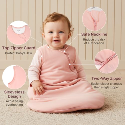 Supersoft Rayon Made from Bamboo Sleep Sack 3-6 Months Newborn Sleep Sack 0-3 Months 1.0 Tog Baby Wearable Blanket with 2-Way Zipper Unisex Sleeping Bag for Babies All-year-around - Pink