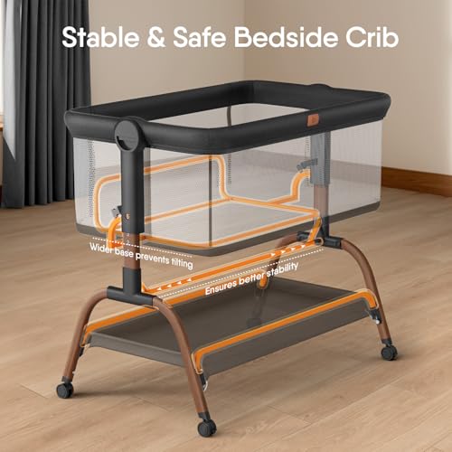 Baby Bassinet Bedside Crib, 3-in-1 Baby Bassinet Bedside Sleeper with Mattress and Soft, Breathable Sheet, Full-Mesh Sides, 6-Height Adjustable, Stable and Secure Crib for Newborns
