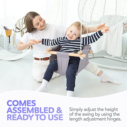 CaTeam Canvas Baby Swing Seat with 5-Point Safety Belt — Wooden Hanging Toddler Swing, Indoor & Outdoor, Ages 1-4, Ceiling Mount Hardware Included, Taupe Gray