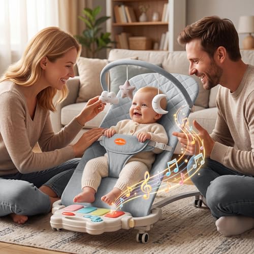 Gryvoth Portable Baby Bouncer Seat 0-18 Months,Detachable Piano & Hanging Toys,3-Level Recline (Rock/Fix),Foldable with Quiet Wheels,Baby Shower