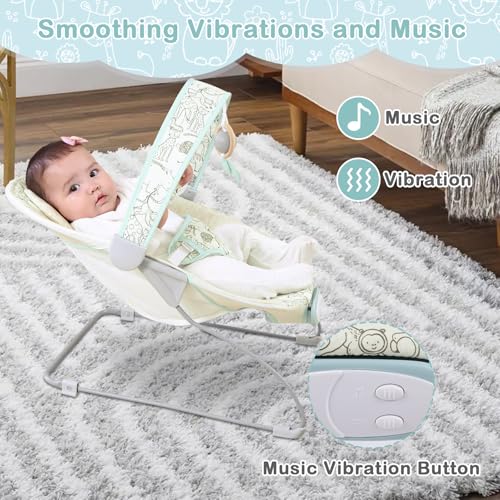 Otrolepota Baby Bouncer, Infants Bouncy Seat with Music and Vibrations,Portable Baby Rocker with Hanging Grasping Planet & Mirror for Newborns Indoor Outdoor Use 0-6 Months Up to 20 lbs
