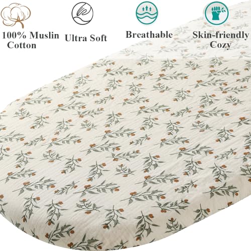 Muslin Bassinet Sheet Compatible with Graco Travel Lite, Fodoss, Cloud Baby, Yacul, Simmons Kids Bassinet(not for Twins), 2 Pack Cotton Fitted Bassinet Sheets for Baby Roman Green & Botanical Leaf