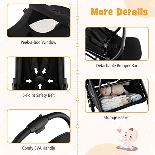 BABY JOY Lightweight Baby Stroller, Compact Travel Stroller for Airplane, Infant Toddler Stroller w/Adjustable Backrest & Canopy, Storage Basket, Self Standing Gravity Fold, Aluminium Frame (Black)
