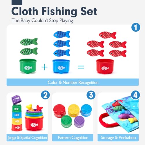 hahaland Montessori Toys for 1 Year Old Boy Girl Birthday Gift - 10 in 1 Cloth Fishing Game Toddler Toys with Stacking Cups - Number Counting, Color Sorting Learning