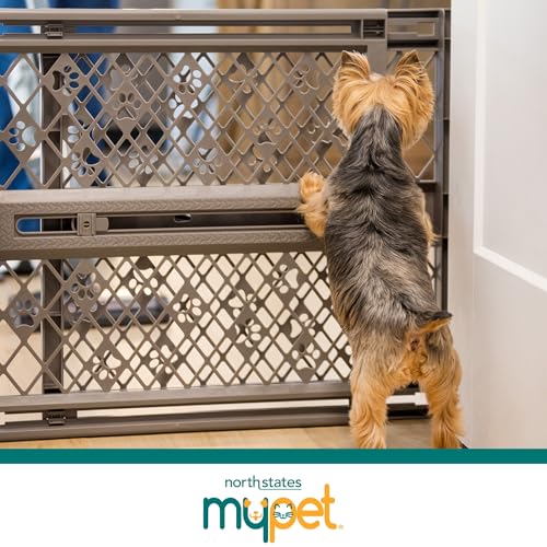 MYPET Paws Portable Pet Gate: 26-40" Wide Expandable, Pressure Mounted No Tools Needed, Durable Dog Gate for Doorways, Made in USA, 23" Tall, Fieldstone Gray