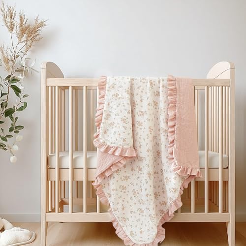 Konssy Flounce Muslin Baby Blanket for Girls Boys, 100% Cotton Soft Crib Swaddle Blankets, Reversible & Breathable Nursery Bedding for Newborns Toddlers, 43 x 39 Inches (Blossom)