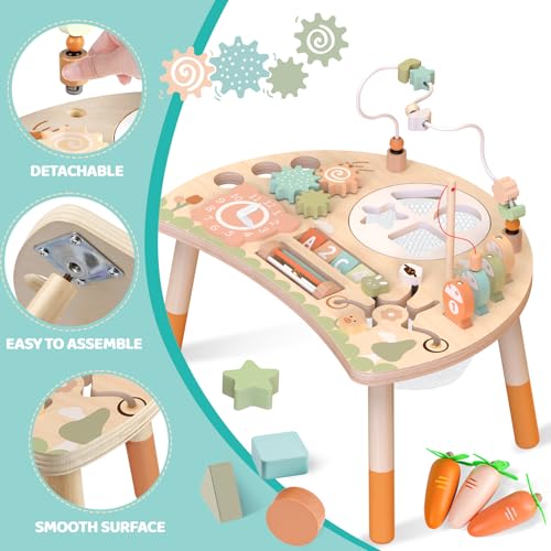 Hewaurorion Wooden Activity Table for Toddlers 1-3, 9 in 1 Montessori Sensory Table with Bead Maze Shape Sorter Fishing Game, Baby Activity Table Learning Toys for 1 2 3 Year Old Boys Girls