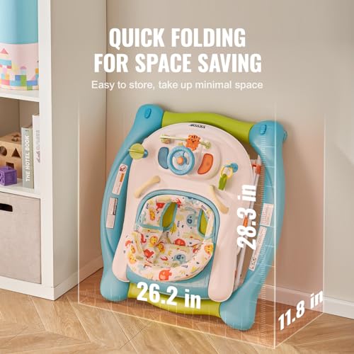 VEVOR 4-in-1 Baby Walker, Folding Baby Activity Center with Wheels, 3 Adjustable Height, Music & Toys Tray, Learning-Seated | Walk-Behind | Rocker | Bouncer Toddler Walker for Girls Boys 6-24 Months