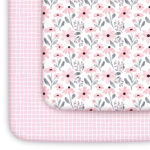 Yoofoss Pack and Play Sheets Girl 2 Pack, 38x26 Mini Crib Sheets Fitted for Baby Compatible with Graco Pack n Play Mattress,Ultra Soft Breathable Microfiber Pink Floral