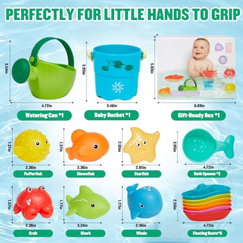 16PCS Baby Bath Toys for Kids Ages 1-3, Mold Free No Hole Bath Toy Set, Easy Clean Bathtub Pool Water Table Toys for 1 2 3 Year Old, Floating Boats Bucket Watering Can Bath Toys for Babies 12+ Months