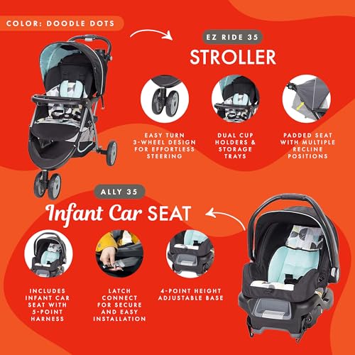 Baby Trend EZ Ride 35 Travel System, Stroller and Infant Car Seat Combo, Doodle Dots - Lightweight and Foldable Compact Design with One Hand Fold and Adjustable Handle