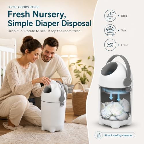 Odor Locking Diaper Pail with Airtight Lid, Baby Diaper Trash Can, Durable & Odorless 15L Baby Diaper Bin, Refill with Any Bag, Holds Up to 16 Diapers for Home Nursery Room Living Room (White)