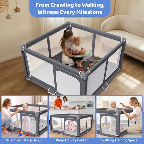 Foldable Baby Playpen - 50"x50" Safety Play Yard for Babies & Toddlers - Indoor & Outdoor Use with Carry Bag - Collapsible, Portable Play Yard, Dark Gray