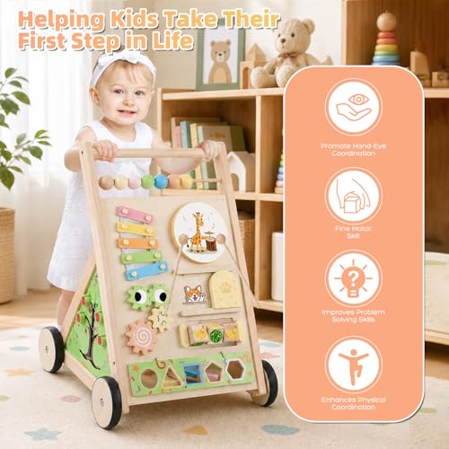 Wooden Baby Walker with Wheels Baby Push Walker for Boys Girls 6-12 Months Wooden Walker Activity Center Walking Toys for 1 Year Old Learning to Walk Sit to Stand Walker for Baby 12-18 Months Push Toy