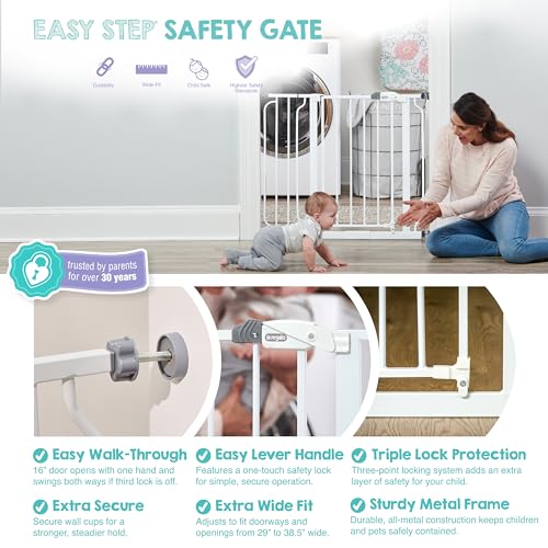 Regalo Safety 29-38.5" Baby Gate for Doorways & Bottom of Stairs, Pressure Mounted Baby Gate with Door for Babies, Toddlers & Pets, Tested & Safe for 30 Years, American Designed, American Owned, White