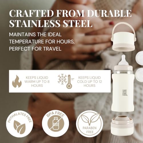 Jili All-in-One Baby Bottle, Insulated Stainless Steel Bottle with Formula Container, Anti-Colic Nipple, and Leak-Proof Lid, Baby Essentials for Travel, BPA and Phthalates-Free, Almond, 8 oz.