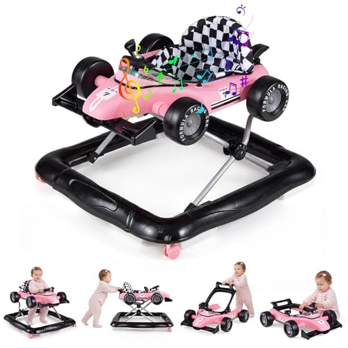 BABY JOY 4-in-1 Baby Walker, Foldable Activity Walker with Push Mode, Adjustable Height, Lights, Anti-Rollover, Baby Walker with Wheels for Boys Girls 6-18 Months (Pink)