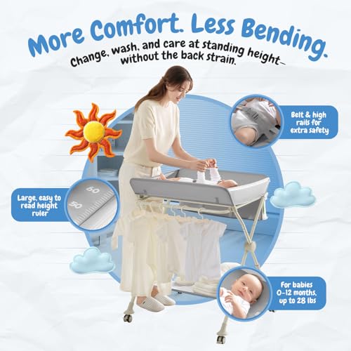 BABY SKYE Diaper Changing Table Portable with Wheels Foldable Diaper Station Organizer & Storage Rack Newborn and Baby (Light Grey)