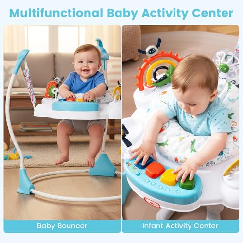 INFANS Baby Activity Center Jumper with Music, Light, Interactive Toys, 360°Rotating Seat, 3 Heights for 6+ Months (Blue)