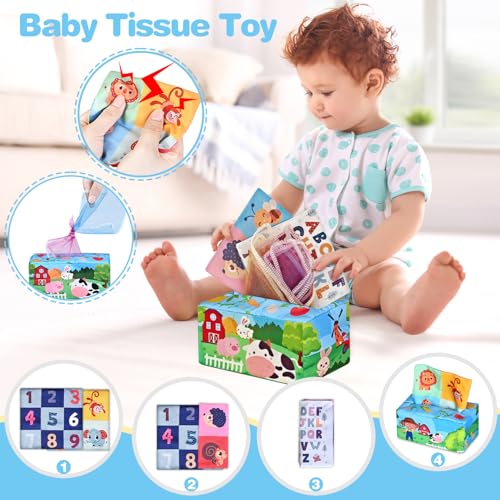 Baby Toys 6-12 Months, 6 in 1 Montessori Toys for 1 Year Old, Soft Infant Sensory Teething Toy, Stacking Cups & Blocks, Shape Sorter Blocks, Finger Puppets, Tissue Box Toy for Toddler 0-3-6-9-12 M+