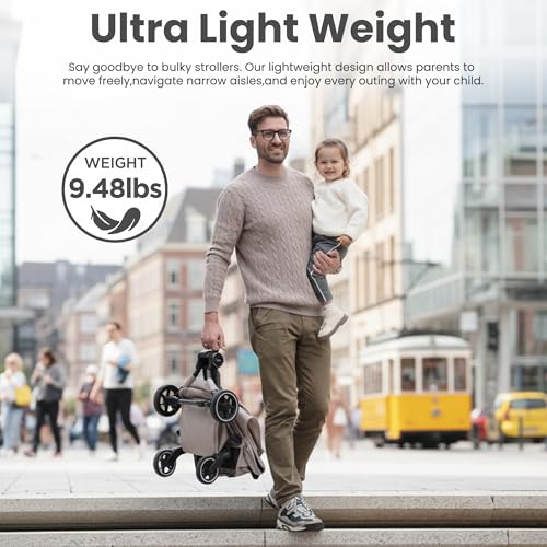 QPlay Travel Stroller for Baby & Toddlers Ages 6 Months to 4 Year Old – 9.48lbs Lightweight & Ultra-Compact Umbrella Stroller with One-Hand Fold, Airplane Carry-on Size, Reclining Seat (Beige)
