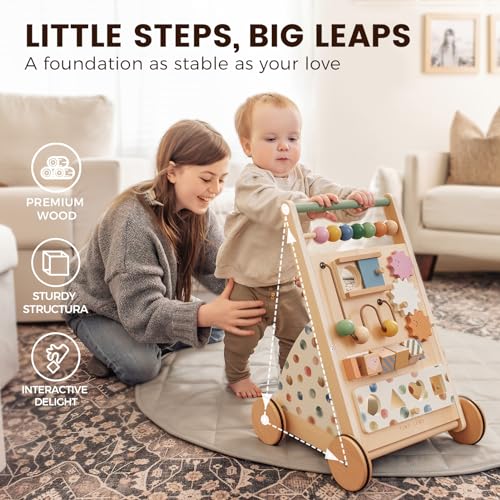 Tiny Land Wooden Baby Walker with Adjustable Speed, Montessori Activity Push Walker Toy for Toddlers, Baby Gift Parents Love for Boys & Girls(Morandi)