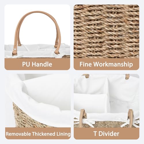 QINGTUHOME Handwoven Wicker Diaper Caddy Organizer, Multi - functional Baby Diaper Bag for Nursery & Home Storage, Detachable Lining, PU Handles, Baby Registry Must Haves (Seagrass)