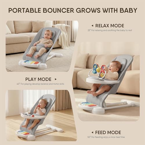 Monamii Baby Bouncer, Baby Bouncer Seat with Detachable Pianos & Feeding Tray, 3-Level Adjustable Positions Bouncing Seat, Infant Bouncer Seat and Toddler Chair (Grey)