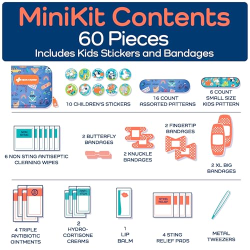 KeepGoing Small Travel First Aid Kit Kids – 60 Pc. Mini First Aid Kit for Purse, Diaper Bag, & Backpack with Latex-Free Bandages – 4 Oz., & 4.5 x 3.5 x 2 in, TSA-Approved