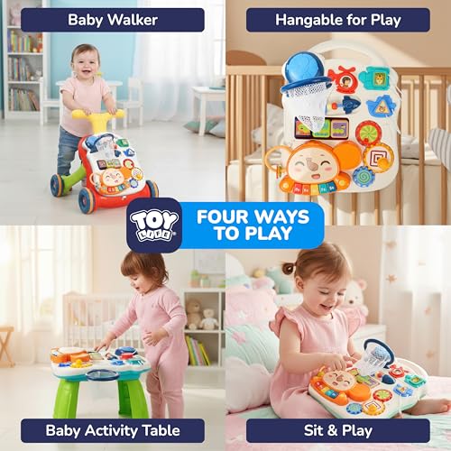 TOY Life 3 in 1 Baby Push Walker and Activity Center, Sit to Stand Walker for Babies 6-12 Months, Baby Walking Toys with Music Panel for Girls Boys, Toddlers Push Toys Gifts for Learning to Walk Red