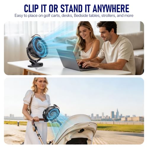 Gentsvip 8-Inch Rechargeable Clip on Fan, 10000mAh Portable Camping Fan with LED Light, 9-Speed Ultra Quiet Airflow, 30H Runtime, 360° Rotating Desk Fan for Golf Cart, Bedroom, Office, Dorm, Black