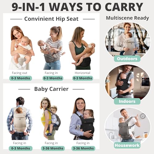 Baby Carriers, Baby Carrier with Hip Seat, 3 in 1 Baby Carrier Newborn to Toddler, 3-36 Month Baby Sling, Adjustable Detachable Baby Hip Seat, Enhanced Lumbar Support, Ideal for Hands-Free Parenting
