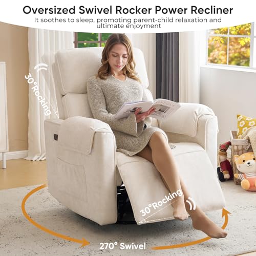 Rhevoy Oversized Power Rocker Recliner Chair, 24" Extra Wide Swivel Recliner with Adjustable Headrest, Chenille Glider Rocking Nursery Chair with Overstuffed Armrest, USB Ports, Cream