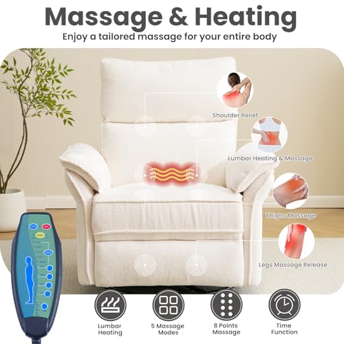 RUTOX Oversized Rocking Chair Nursery with Massage and Heat, Glider Recliner Nursery Chair with Adjustable Headrest, Power Swivel Rocker Recliner Chair with USB Port, White