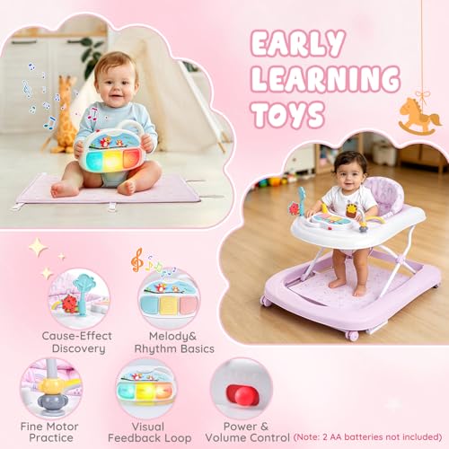 Baby Walker with Wheels, 5-in-1 Foldable Push Walker for Baby Girls 6-12 Months, Baby Walker & Bouncer Combo, Adjustable Height, Music Light Infant Activity Center Bouncer Walker(Pink)