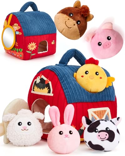 hahaland Baby Toys 6-12 Months - Surprise Barn Stuffed Farm Animals, Rattle, Crinkle, Mirror, Montessori Toys for 6 Month Old Sensory Balls 1-3, Baby Boy Gifts, Farm Plush Toys for Babies Travel Toy