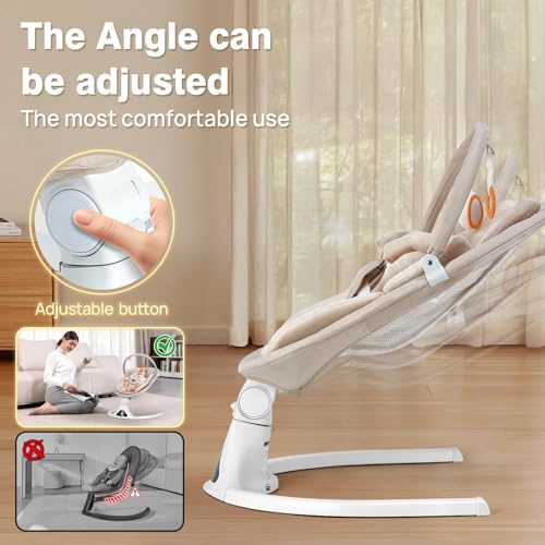 Baby Swing, Electric Infant Swing with Remote Control, 5 Speed Adjustable, Machine Washable Cushion, 5 Point Safety Harness, Bluetooth Music, Portable Baby Swing (Beige)